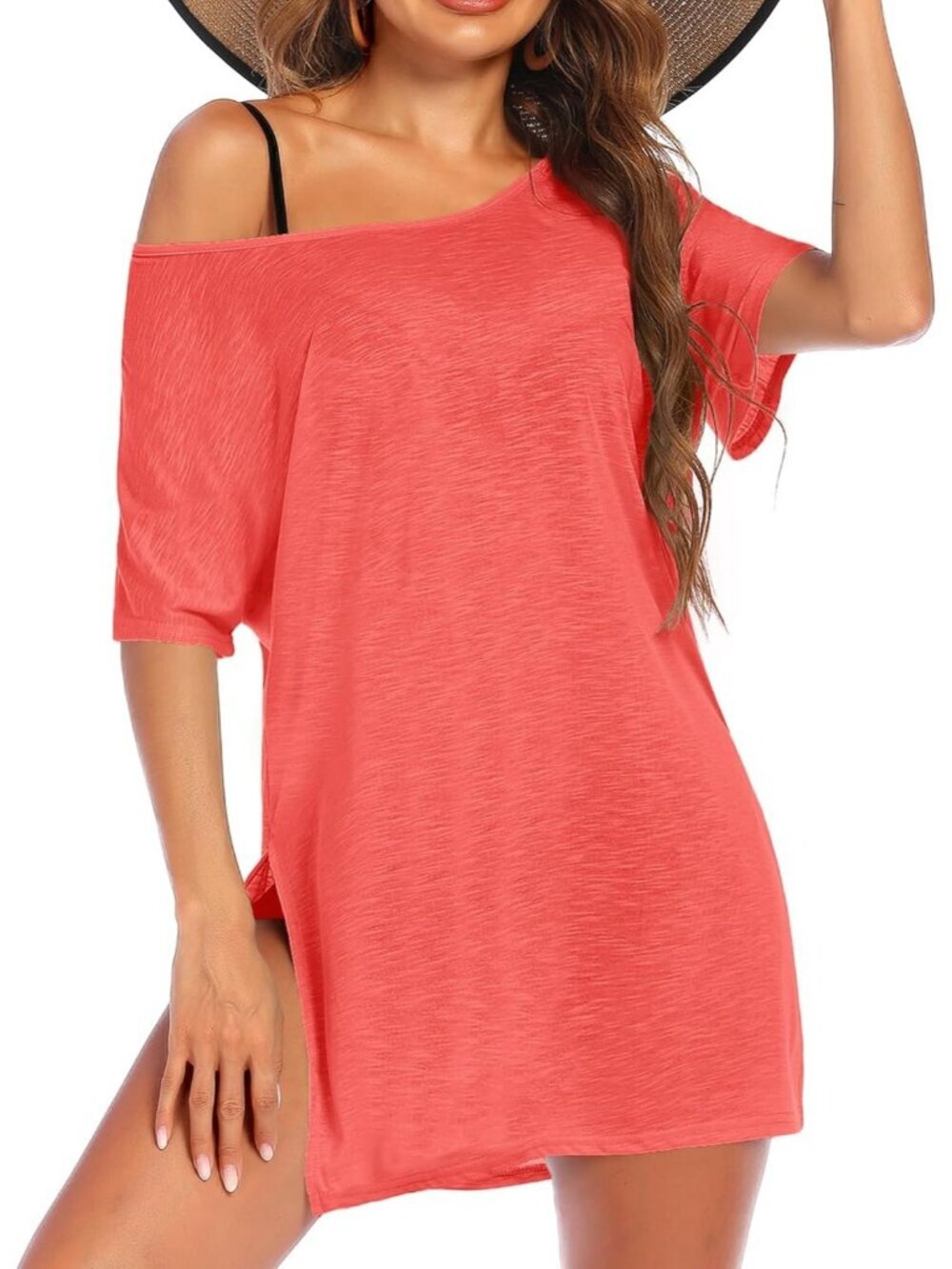 Women's Orange Pink Short Sleeve Cover Ups for Beach Bathing Suit Swimwear